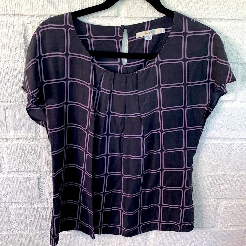 Boden Purple Window Pain Silk Short Sleeve Blouse size 8